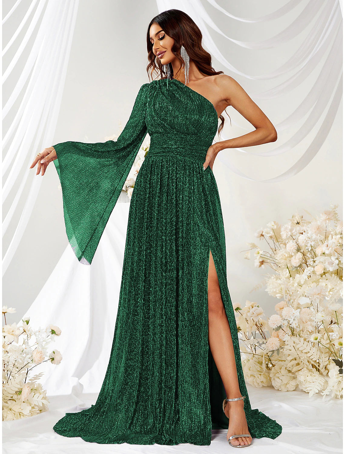 A-Line Wedding Guest Dresses Sparkle & Shine Dress Formal Evening Party Sweep / Brush Train Long Sleeve One Shoulder Polyester with Glitter