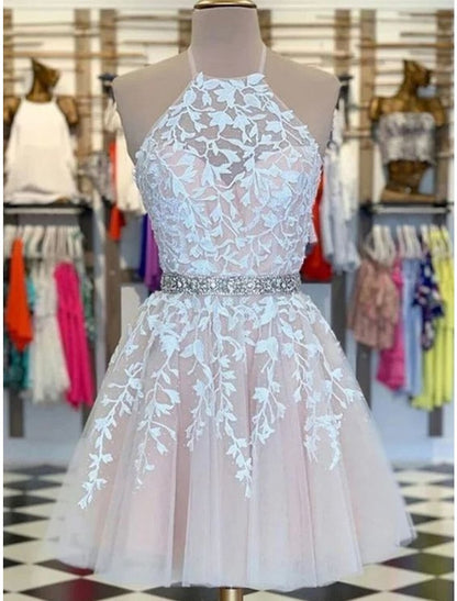 A-Line Homecoming Dresses Floral Dress Holiday Short / Mini Sleeveless Halter Tulle