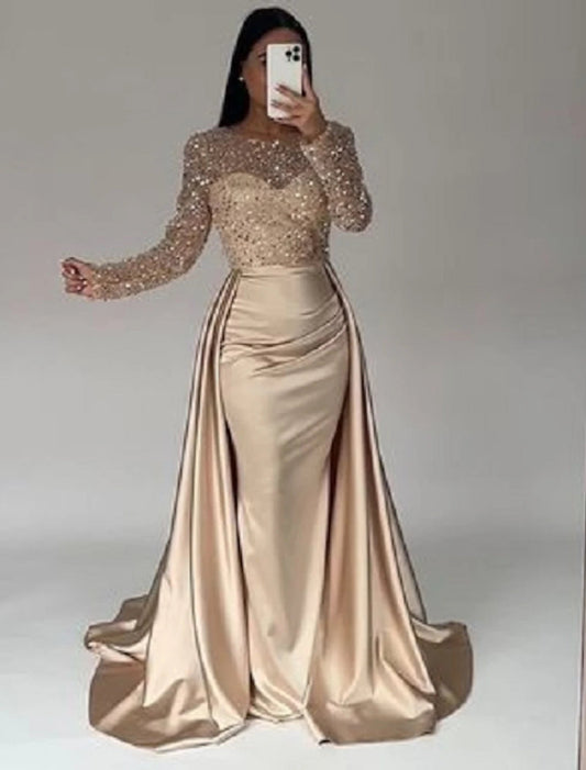 Mermaid / Trumpet Evening Gown Sparkle &amp; Shine Dress Carnival Masquerade Floor Length Long Sleeve Illusion Neck Fall Wedding Reception Satin