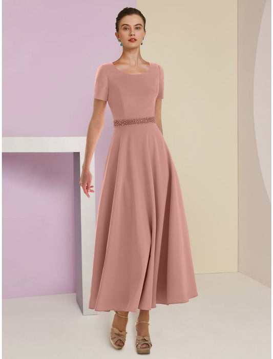 Two Piece A-Line Mother of the Bride Dress Wedding Guest Elegant Scoop Neck Ankle Length Satin 3/4 Length Sleeve with Feather Bow(s)