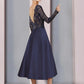 A-Line Mother of the Bride Dress Wedding Guest Elegant Scoop Neck Tea Length Satin Lace Long Sleeve with Pleats Beading