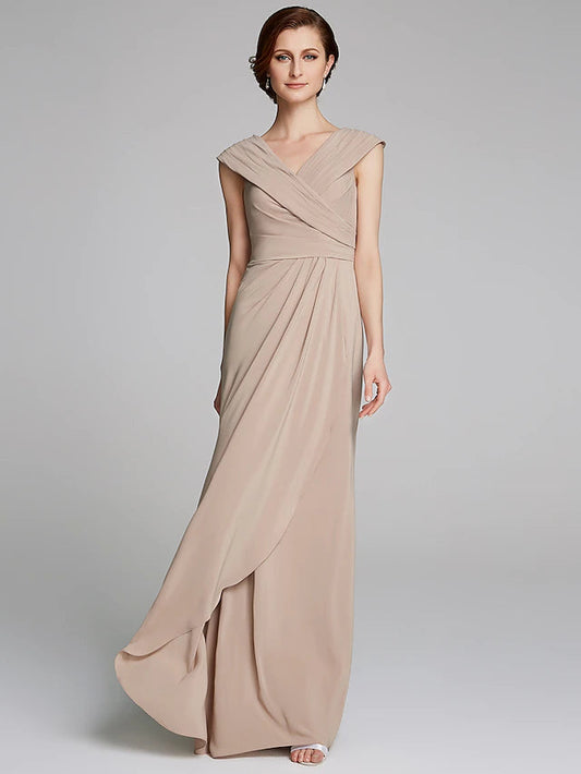 Sheath / Column Mother of the Bride Dress Elegant V Neck Floor Length Jersey Short Sleeve