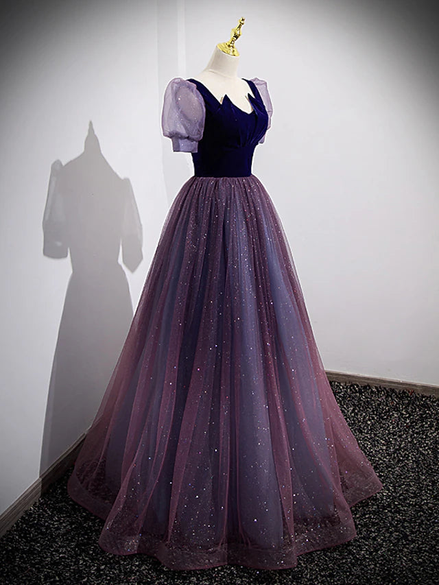 A-Line Prom Dresses Sparkle & Shine Dress Prom Floor Length Short Sleeve Scoop Neck Tulle