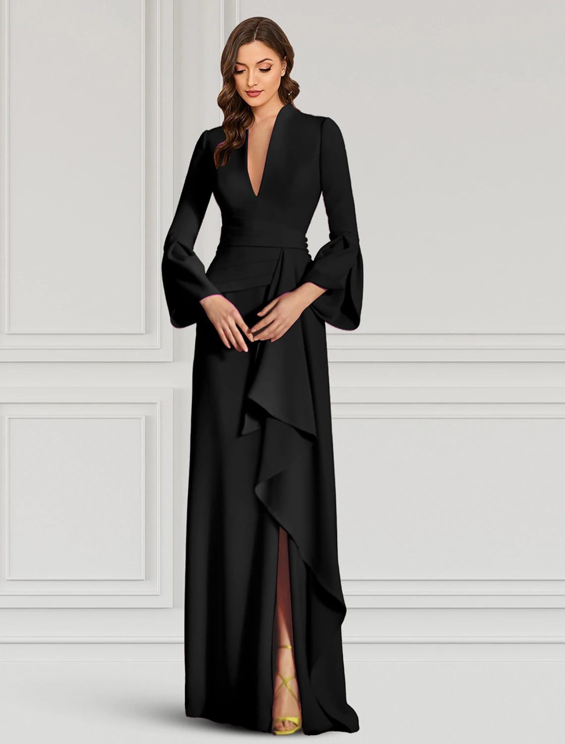 Sheath Evening Gown Elegant Black Dress Formal Cocktail Party Dress Floor Length Long Sleeve V Neck Fall Wedding Guest Stretch Fabric