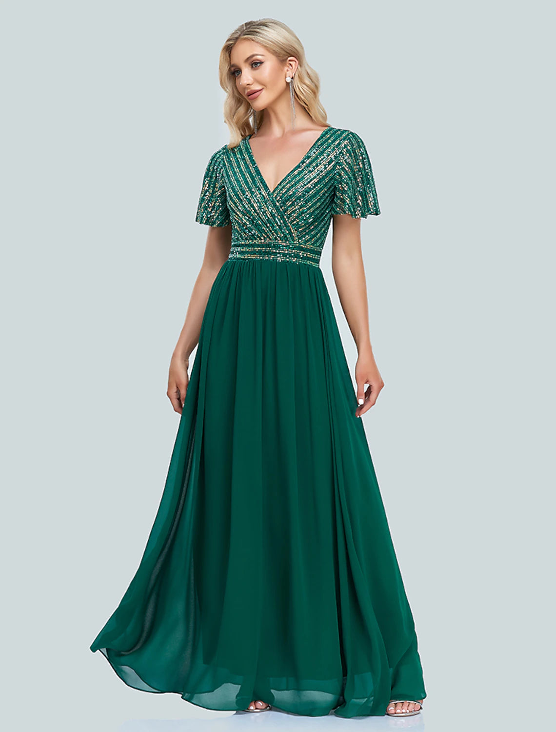 A-Line Mermaid / Trumpet Evening Gown Elegant Dress Christmas Floor Length Short Sleeve V Neck Sequined