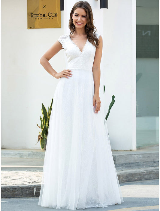 Beach Wedding Dresses A-Line V Neck Cap Sleeve Floor Length Lace Bridal Gowns