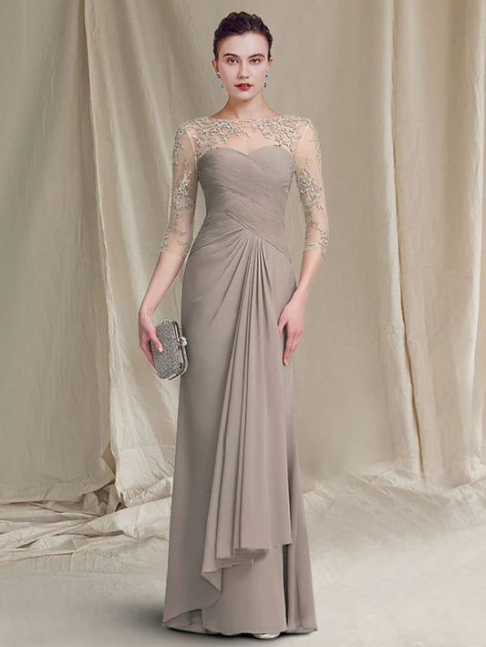 A-Line Mother of the Bride Dress Plus Size Elegant Jewel Neck Floor Length Chiffon Lace 3/4 Length Sleeve with Ruched