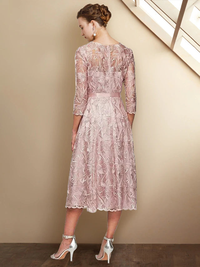 A-Line Mother of the Bride Dress Elegant Jewel Neck Tea Length Lace Charmeuse 3/4 Length Sleeve with Sash / Ribbon Bow(s)