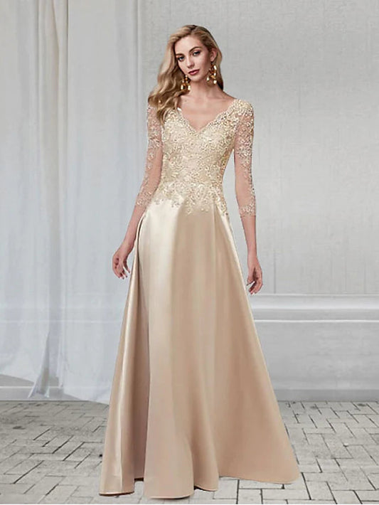 A-Line Elegant Wedding Guest Formal Evening Dress V Neck 3/4 Length Sleeve Floor Length Chiffon