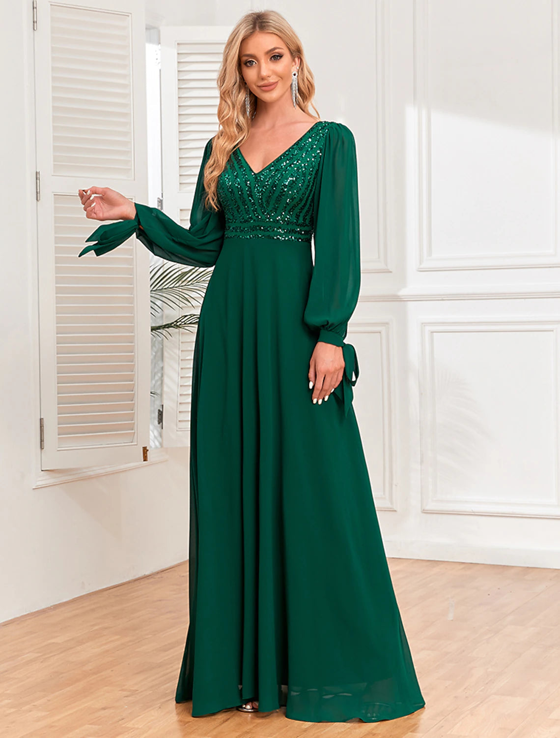 A-Line Evening Gown Empire Dress Evening Party Wedding Reception Floor Length Long Sleeve V Neck Fall Wedding Guest Chiffon V Back