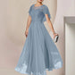 A-Line Mother of the Bride Dress Elegant Scoop Neck Tea Length Chiffon Lace Sleeveless with Beading