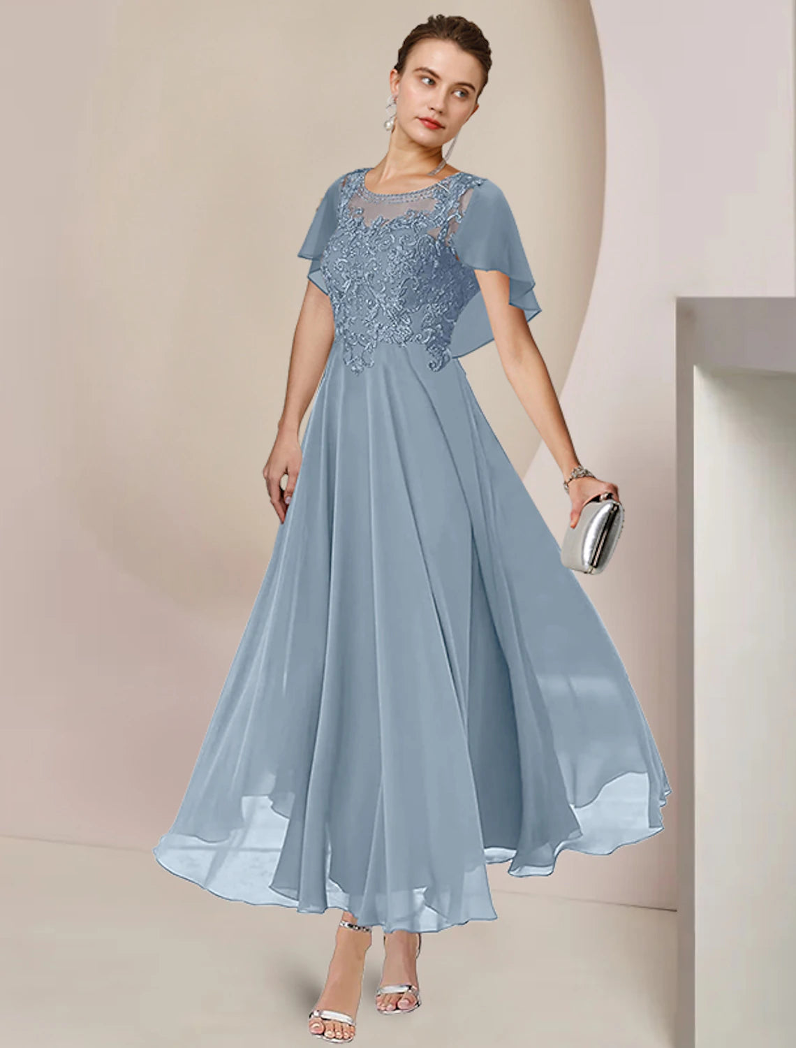 A-Line Mother of the Bride Dress Elegant Scoop Neck Tea Length Chiffon Lace Sleeveless with Beading