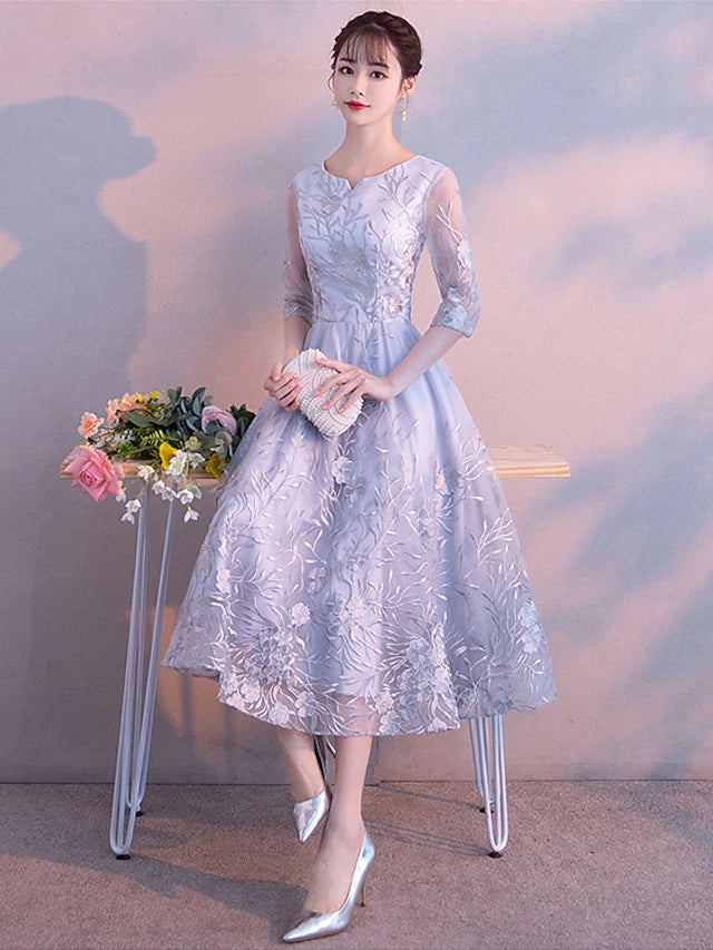 Elegant Cocktail Party Prom Dress Jewel Neck 3/4 Length Sleeve Tea Length Lace with Lace Insert Pattern / Print Appliques