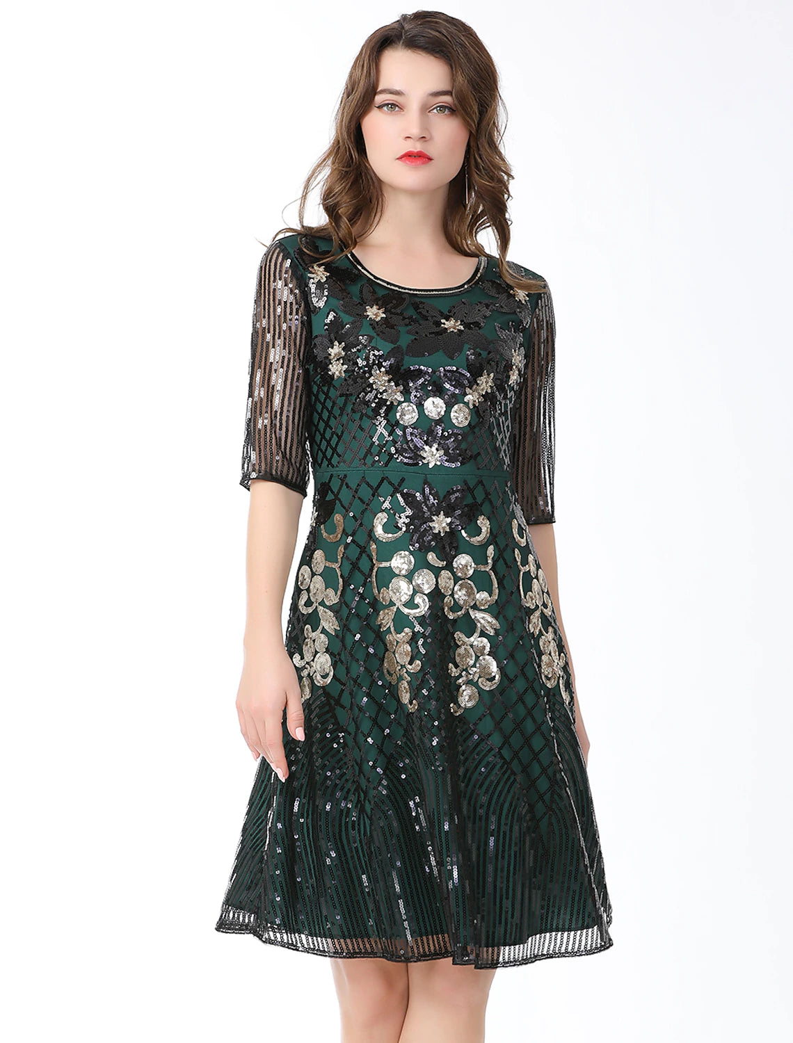 A-Line Cocktail Dresses Vintage Dress Holiday Knee Length Half Sleeve Jewel Neck Cotton Blend with Sequin