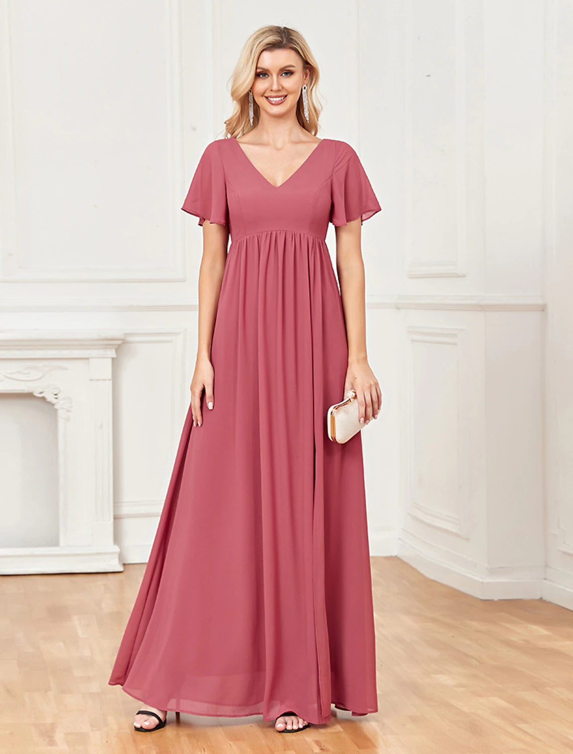 A-Line Evening Gown Empire Dress Party Wear Floor Length Short Sleeve V Neck Chiffon V Back