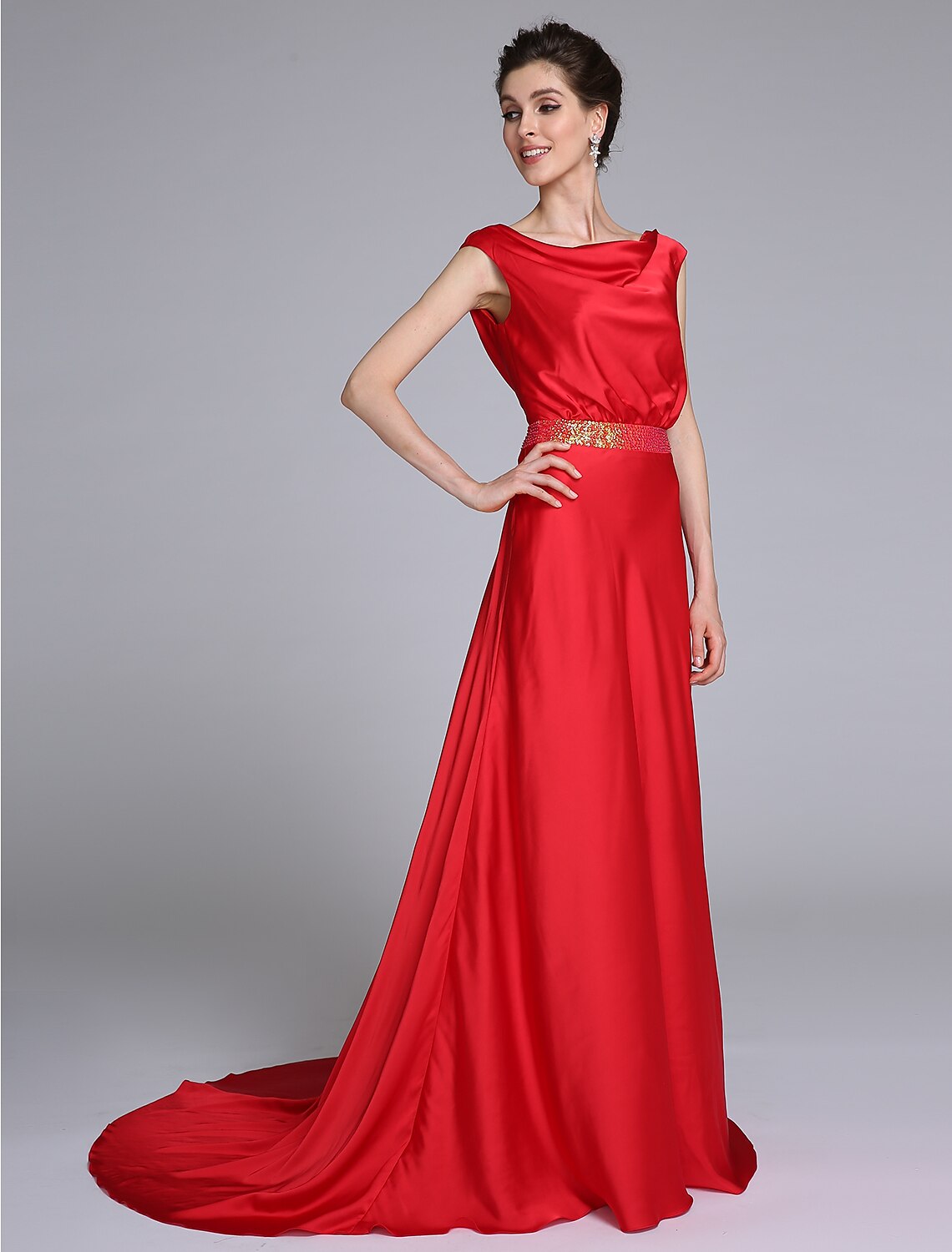 Sheath / Column Mother of the Bride Dress Open Back Cowl Neck Court Train Taffeta Sleeveless