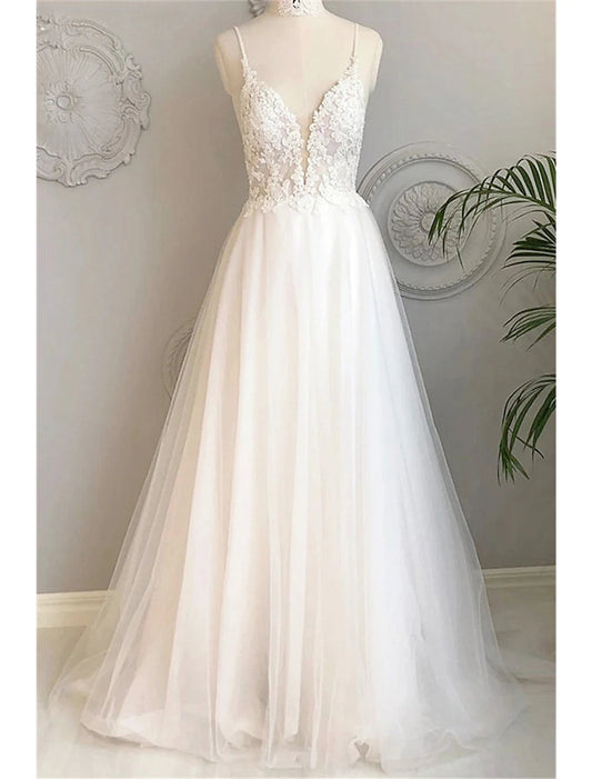 Beach Wedding Dresses Court Train A-Line Spaghetti Strap Sweetheart Lace With Buttons