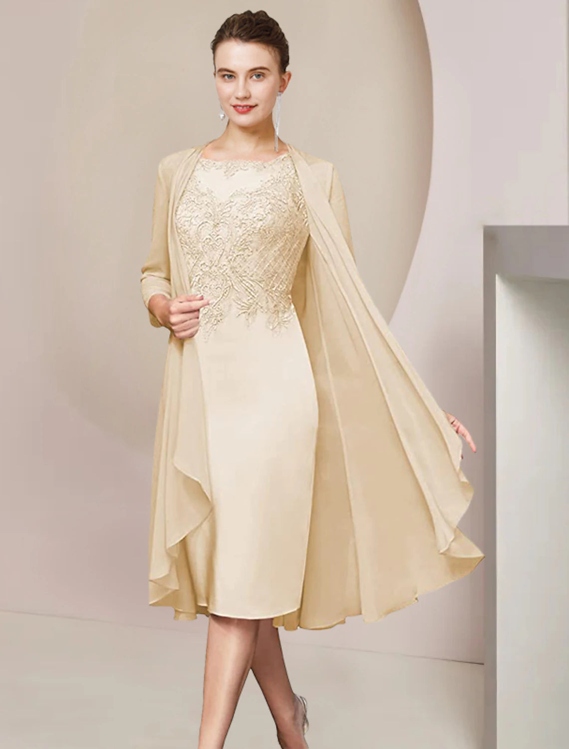 Two Piece Sheath / Column Mother of the Bride Dress Formal Wedding Guest Elegant Scoop Neck Knee Length Chiffon Lace Half Sleeve Jacket Dresses