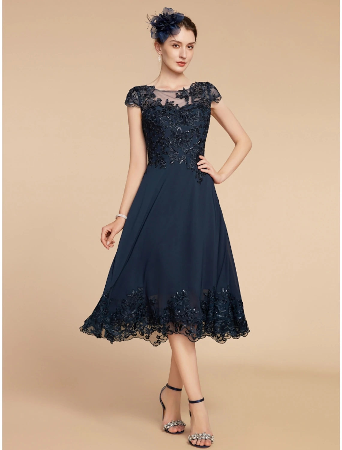 A-Line Mother of the Bride Dress Wedding Guest Elegant Petite Scoop Neck Tea Length Chiffon Lace Cap Sleeve with Sequin Ruching