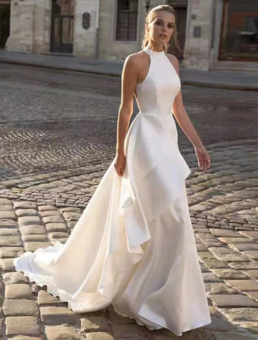 Reception Open Back Casual Wedding Dresses A-Line Halter Sleeveless Court Train Satin Bridal Gowns With Solid Color Fall Wedding Party