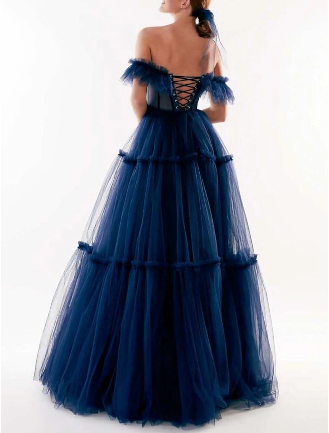 A-Line Prom Dresses Elegant Dress Wedding Guest Floor Length Short Sleeve Off Shoulder Tulle with Pleats