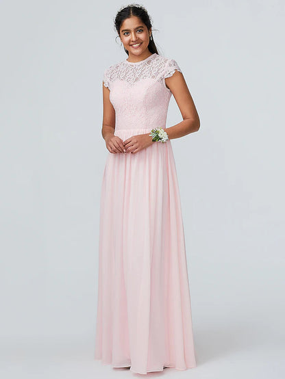 A-Line Bridesmaid Dress Jewel Neck Sleeveless Elegant Floor Length Chiffon with Lace Sparkle & Shine