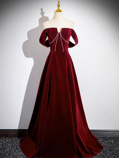 A-Line Velvet Burgundy Long Prom Dress Formal Dress Off Shoulder Elegant Evening Dress december wedding guest dress