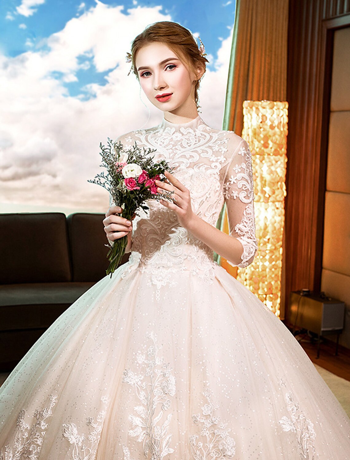Engagement Sparkle & Shine Formal Fall Wedding Dresses Ball Gown High Neck Long Sleeve Cathedral Train Lace Bridal Gowns With Sequin Appliques Summer Wedding Party, Women¡®s Clothing