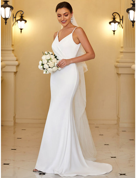 Reception Casual Wedding Dresses Mermaid / Trumpet Camisole V Neck Spaghetti Strap Sweep / Brush Train Stretch Fabric Bridal Gowns With Ruched