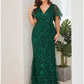 Mermaid / Trumpet Evening Gown Sparkle Dress Formal Floor Length Short Sleeve V Neck Fall Wedding Guest Tulle