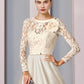 A-Line Mother of the Bride Dress Wedding Guest Elegant Jewel Neck Tea Length Satin Lace Half Sleeve with Bow(s) Pleats