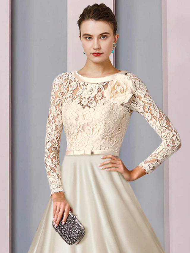 A-Line Mother of the Bride Dress Wedding Guest Elegant Jewel Neck Tea Length Satin Lace Half Sleeve with Bow(s) Pleats