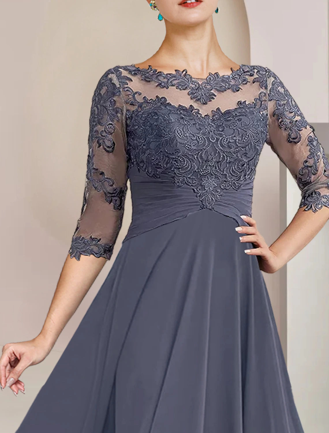 Two Piece A-Line Mother of the Bride Dress Formal Wedding Guest Elegant Scoop Neck Tea Length Chiffon Lace 3/4 Length Sleeve Wrap Included with Appliques