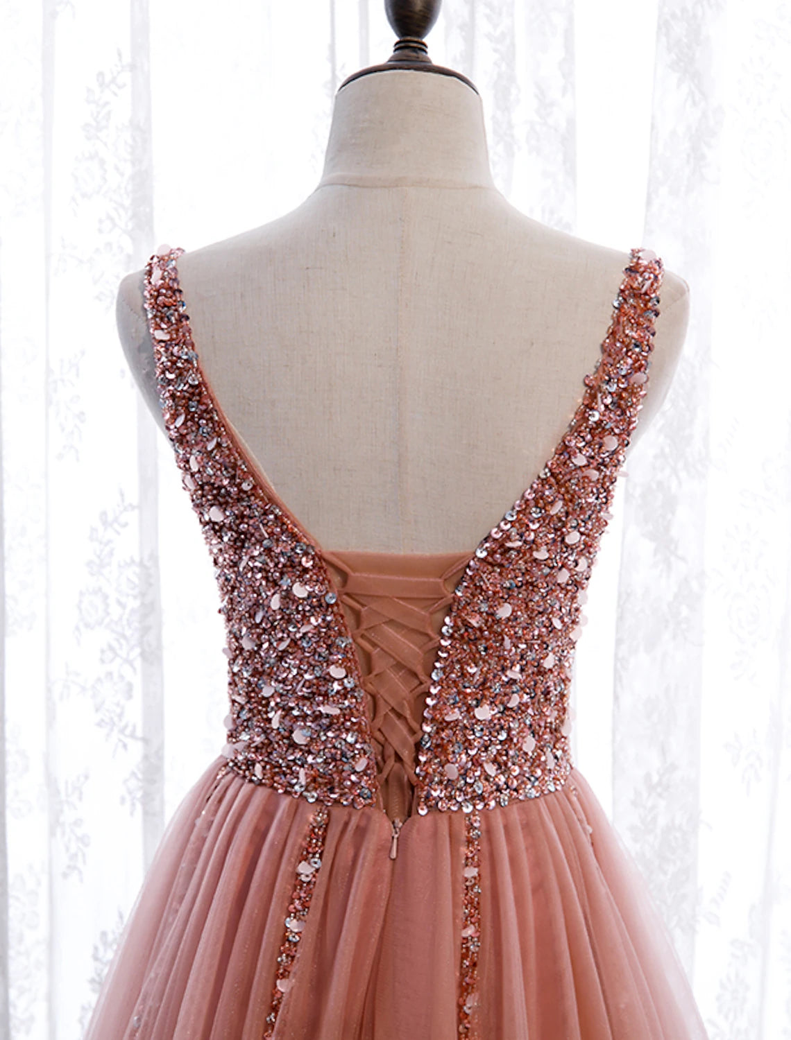 A-Line Prom Dresses Elegant Dress Party Wear Court Train Sleeveless V Neck Polyester with Pearls