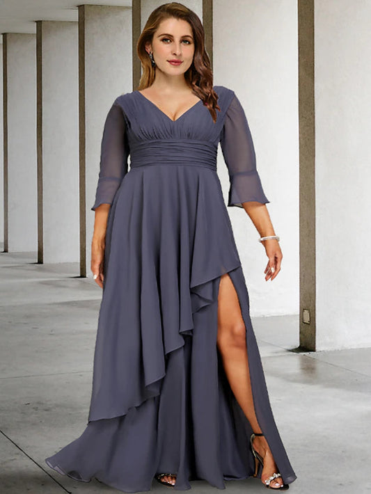 A-Line Plus Size Curve Mother of the Bride Dresses Elegant Dress Formal Asymmetrical 3/4 Length Sleeve V Neck Chiffon with Pleats