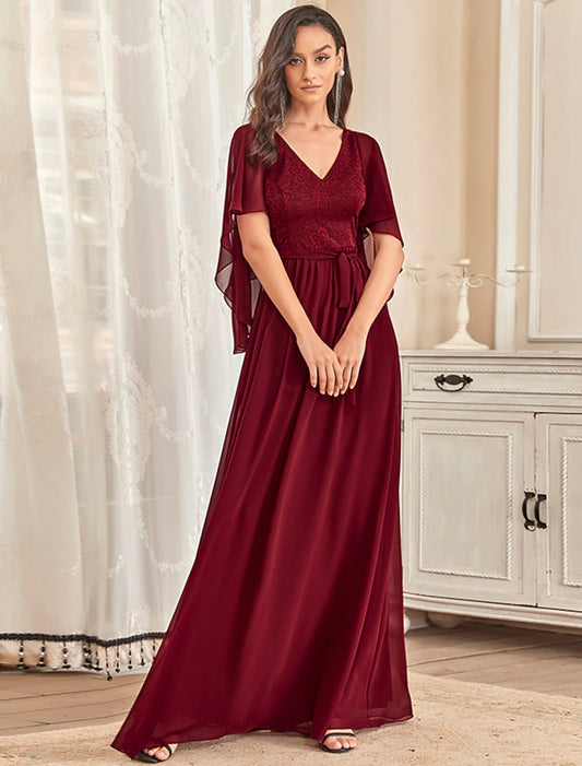 A-Line Mother of the Bride Dress Plus Size Elegant V Neck Floor Length Chiffon Tulle Half Sleeve with Sash