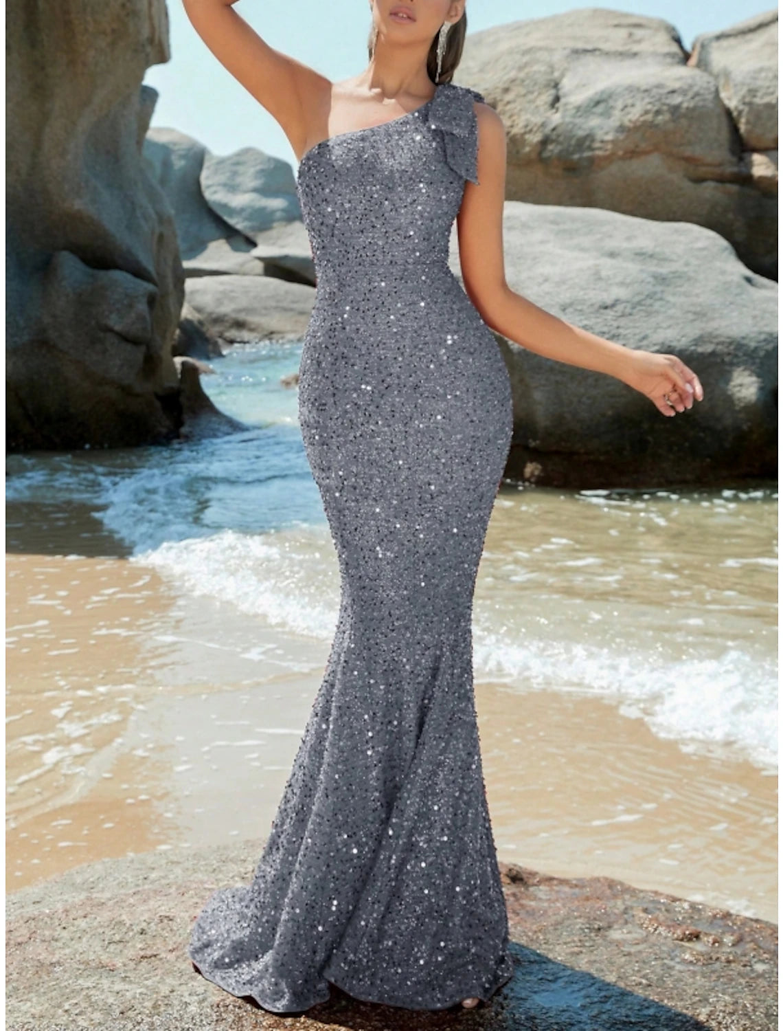 Mermaid Trumpet Evening Gown Sparkle Shine Dress Formal Fall Sweep Brush Train Sleeveless One Shoulder