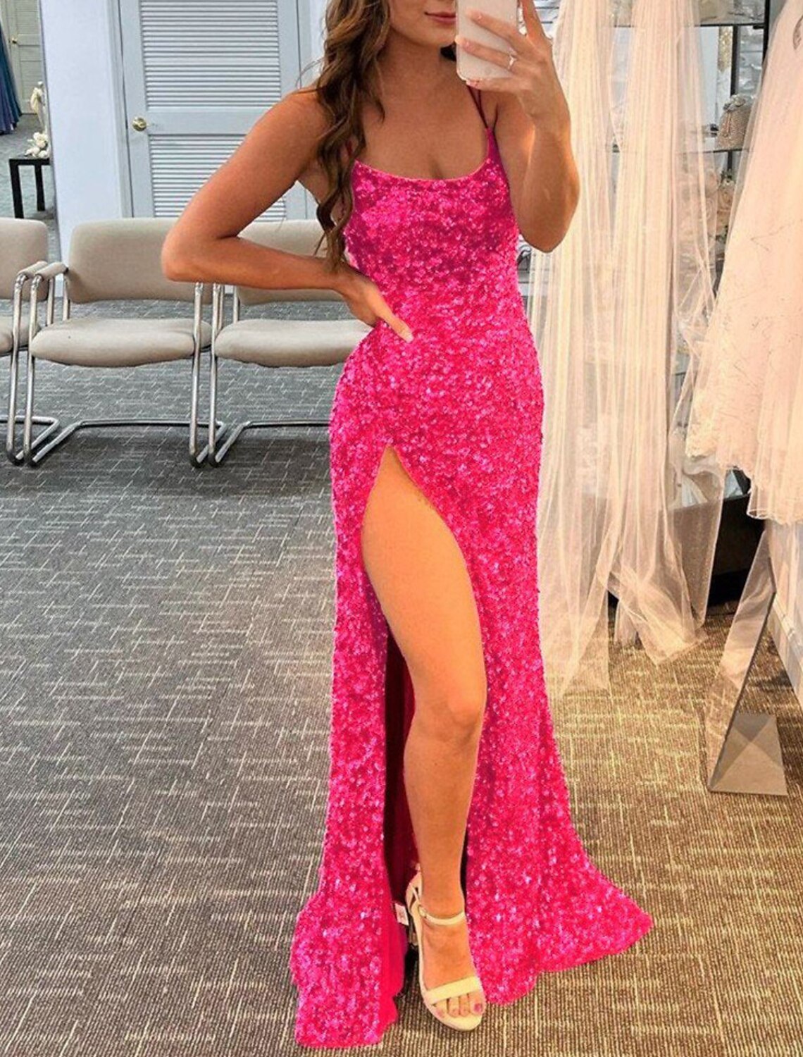 Mermaid / Trumpet Prom Dresses Sparkle & Shine Dress Wedding Guest Party Wear Floor Length Sleeveless Spaghetti Strap Sequined