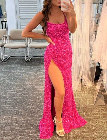 Mermaid / Trumpet Prom Dresses Sparkle & Shine Dress Wedding Guest Party Wear Floor Length Sleeveless Spaghetti Strap Sequined with Sequin