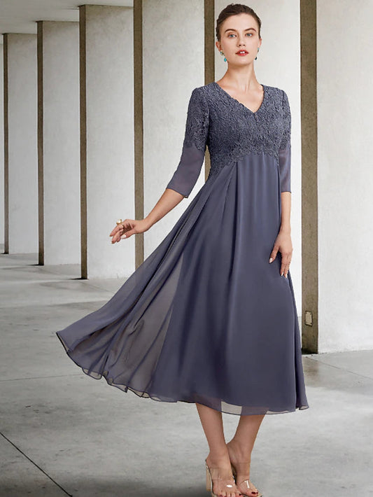 A-Line Mother of the Bride Dress Plus Size Elegant V Neck Tea Length Chiffon Lace 3/4 Length Sleeve