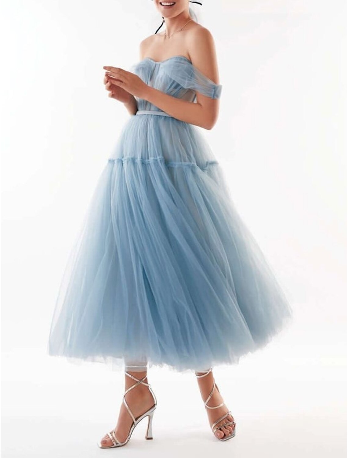 A-Line Prom Dresses Elegant Dress Wedding Guest Ankle Length Short Sleeve Off Shoulder Tulle with Pleats