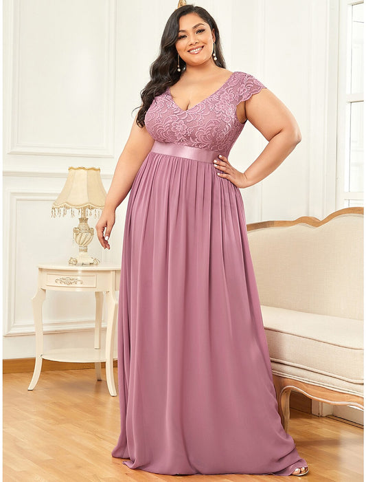 Plus Size A-Line Elegant Vintage Formal Evening Dress V Neck V Back Short Sleeve Floor Length Chiffon with Draping Lace