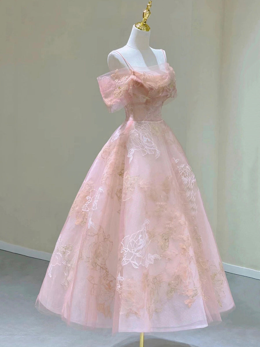 Pink Spaghetti Strap Tulle Lace Short Prom Dress Cute A-Line Party Dress Off Shoulder