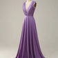 A-Line V-Neck Long Glitter Prom Dress With Pleating Pure Color