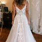 A-Line Train Wedding Dress With Appliques And Split V-neck Sexy