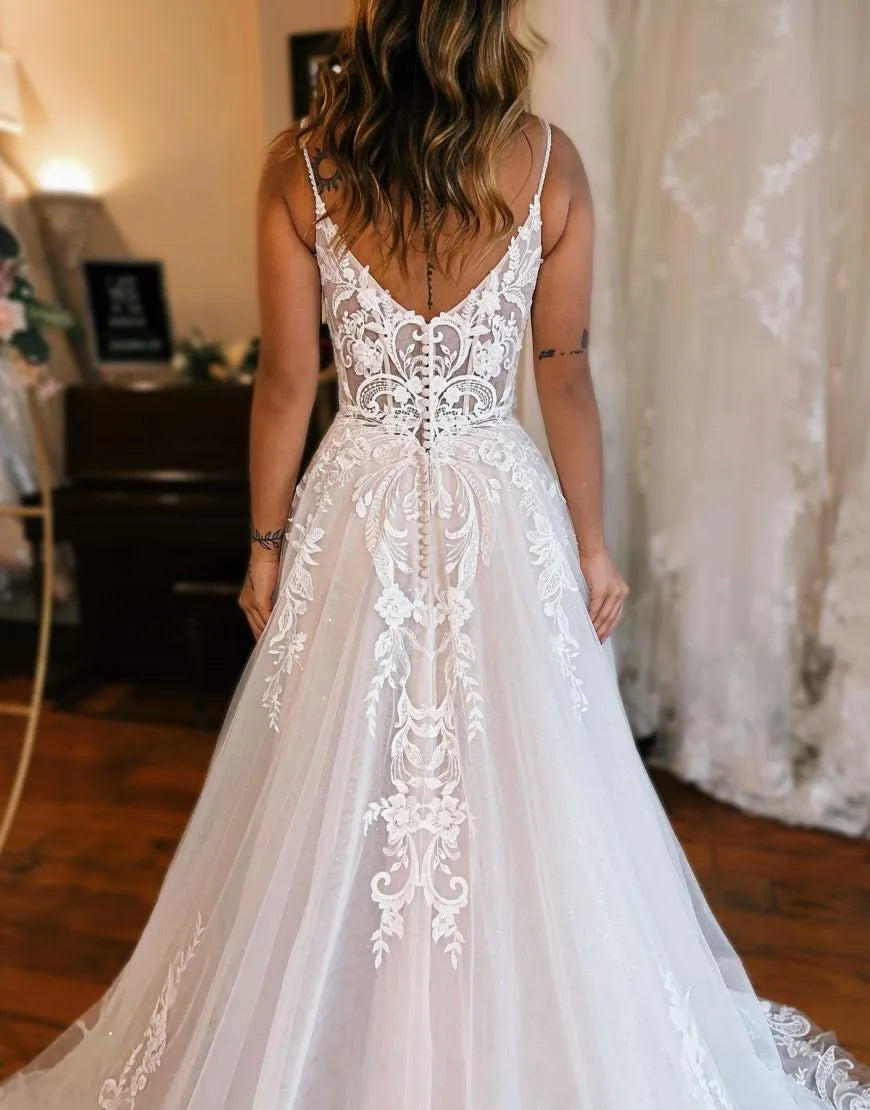 A-Line Train Wedding Dress With Appliques And Split V-neck Sexy