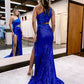 Royal Blue Shoulder Sequins Split Prom Dress With Appliques