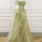 Green Tulle Long Floor Length Prom Dress Beautiful A-Line Evening Party Dress with Lace Beautiful