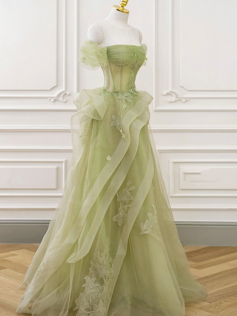 Green Tulle Long Floor Length Prom Dress Beautiful A-Line Evening Party Dress with Lace Beautiful