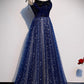 Blue Tulle Long A-Line Prom Dresses Evening Party Dresses Floor Length Sparkly